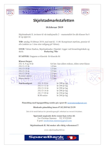 Invitasjon Skjelstadmarkstafetten 10.februar 2019